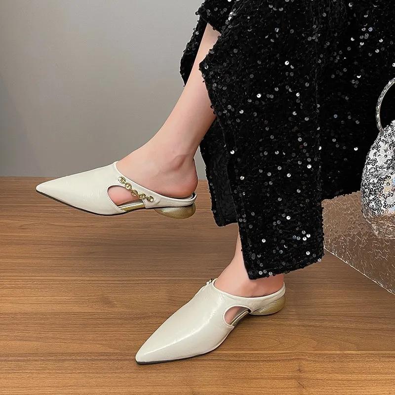 Fashion 2025New Hollow-out Baotou Semi-slippers Summer New Metal Chain Pointed Toe Shallow Mouth Thick Heel Wear Lazy Drag