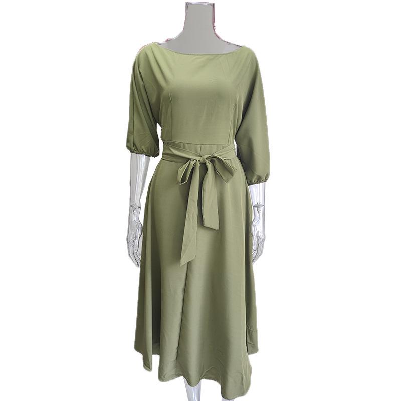 Summer Women's Dress Slant Shoulder Neck Tie Waist Temperament Solid Colour Swing Dresses