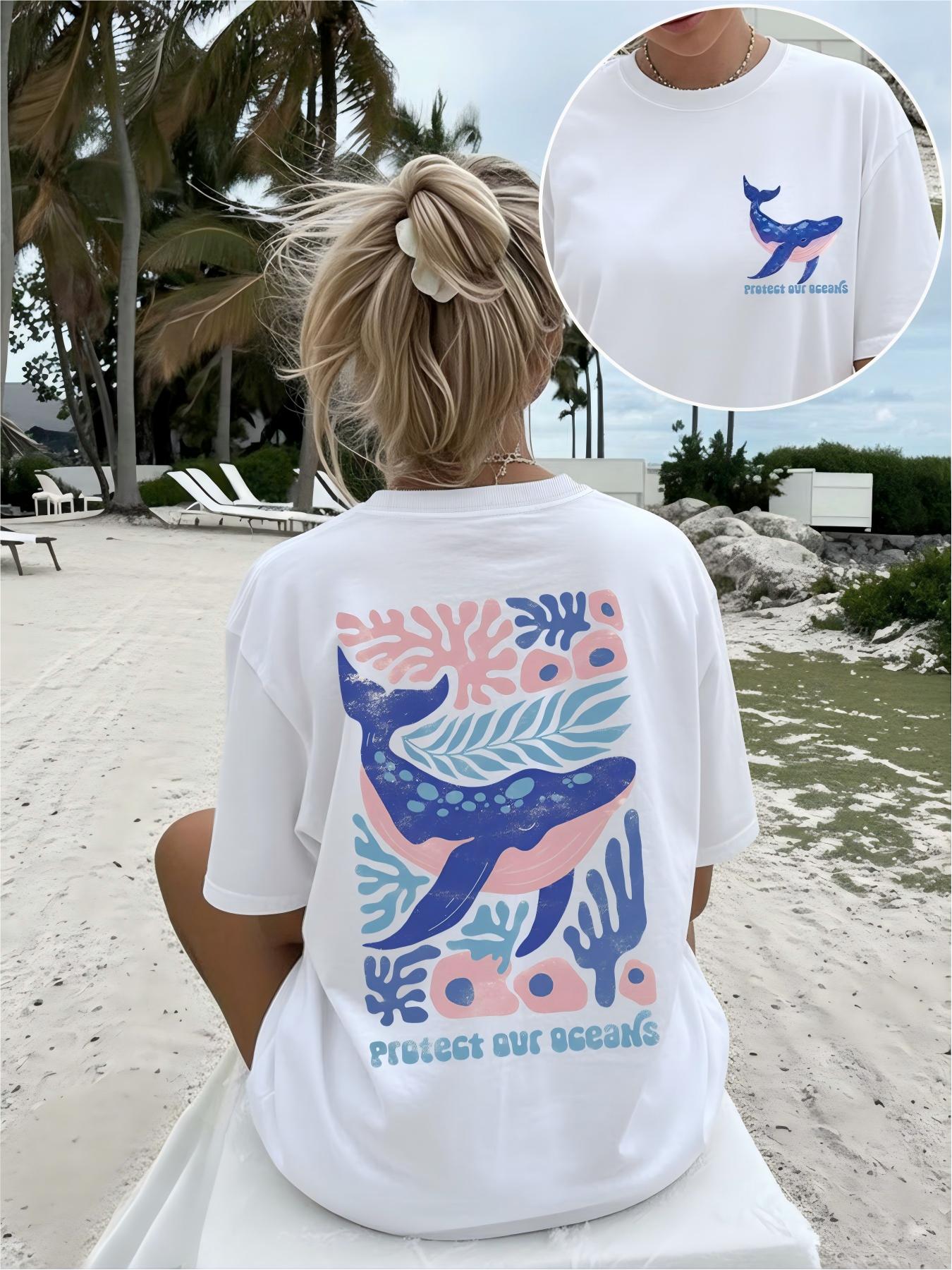 

2026 Aesthetic Blue Whale Pattern TShirt Marine Life Coral Pattern Womens TShirt Mini Harajuku Streetwear Short Sleeve Shirt 3XL
