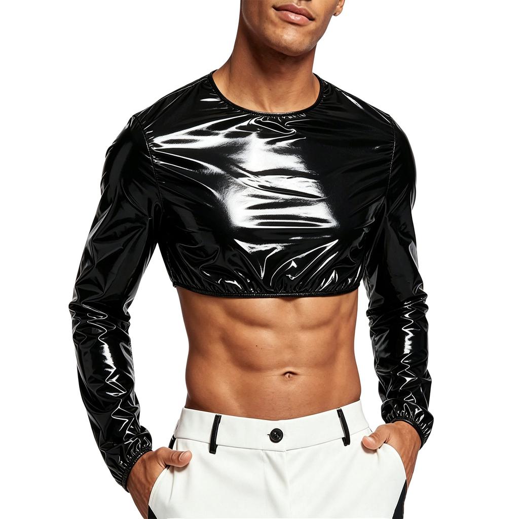 Dámský voděodolný lesklý crop top noční oblečení s kulatým výstřihem a dlouhým rukávem, crop mikina s tričkovým vzhledem a zapínáním na zip na zádech