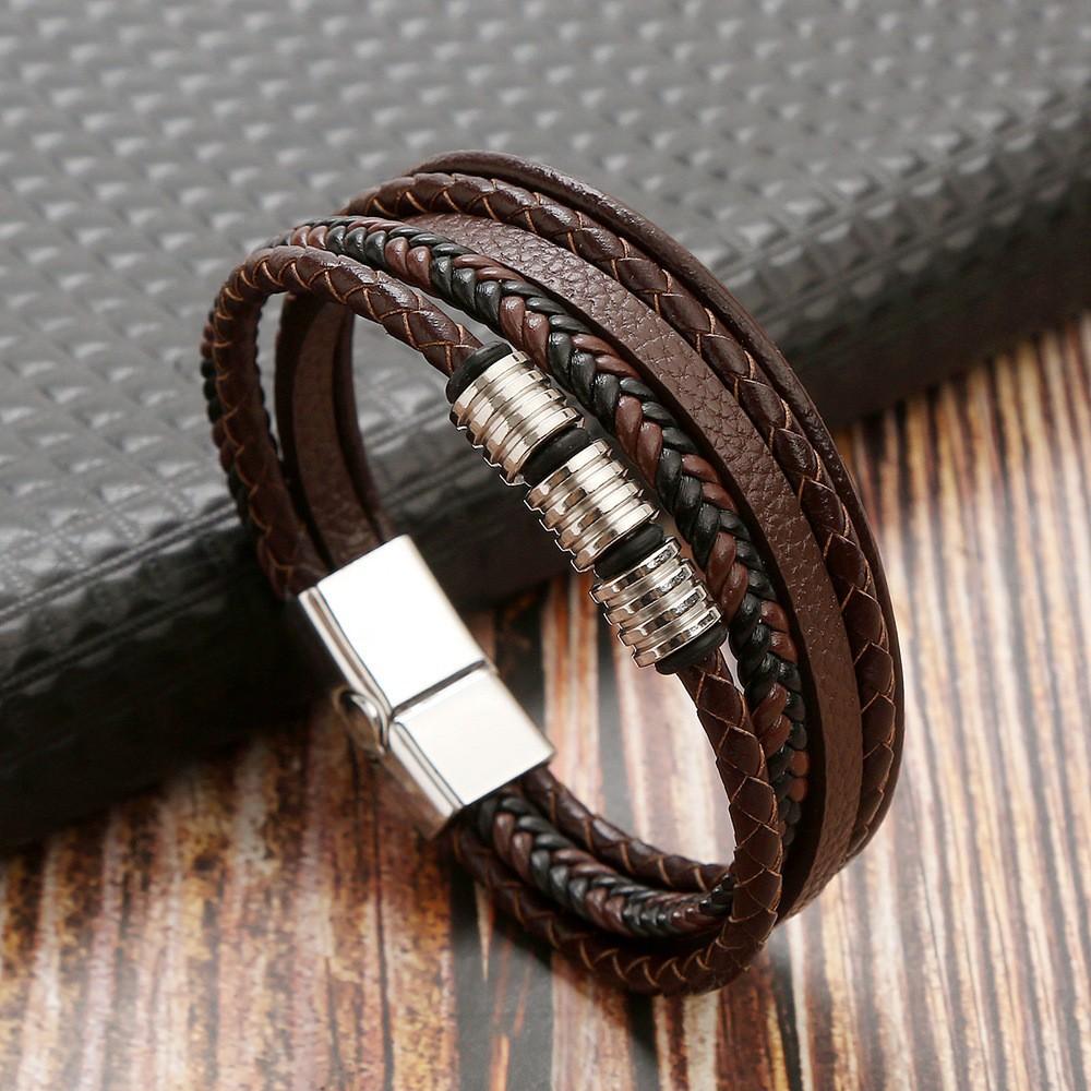 Brown Multi Layers Leather Bracelet for Men,New Style Tiger Eye Stone Beaded Handmade Leather Wristband,Gift for Husband Dad Him