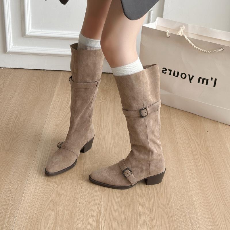 Korean Version Retro Suede Belt Buckle Thick Heel Boots Women's Autumn and Winter Wear Classic Wide Circumference Thin Long Boots