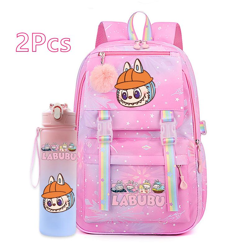 2Pcs/set Cute Printed Backpack with 750Ml Outdoor Sports Water Bottle Student Girl Boy Schoolbag Large Capacity Travel Bag Gift