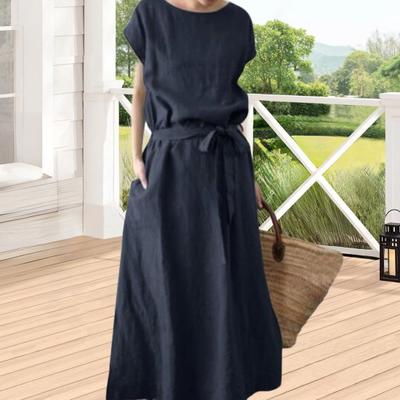 Women's Boho Cotton Linen Maxi Dress Summer Short Sleeve Round Neck Long Dress