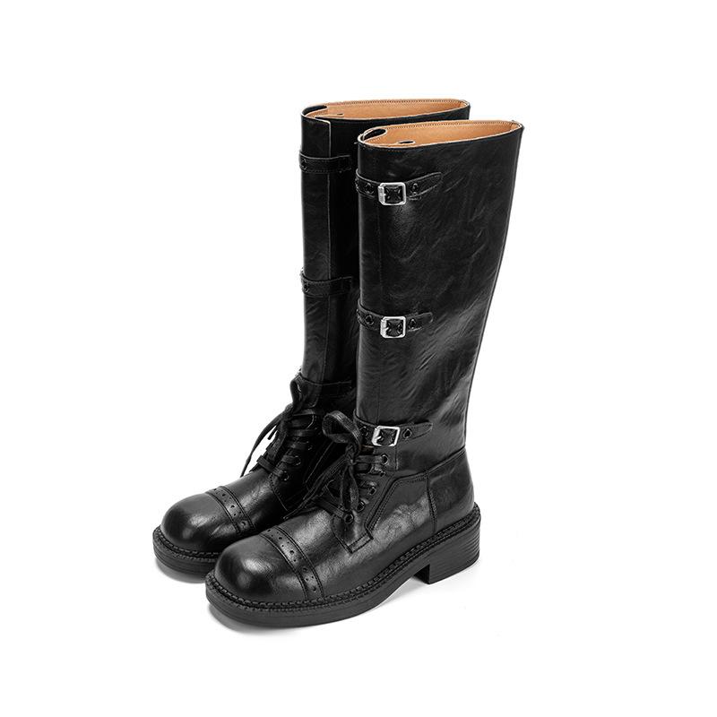 Leather Miu Home Thick-soled Heightening Buckle Boots Women's Autumn and Winter New Maillard Wind Tall Western Knight Boots