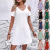 Mini abito estivo da donna a tinta unita, con scollo a V, spalle scoperte, maniche corte, traforato, linea ad A