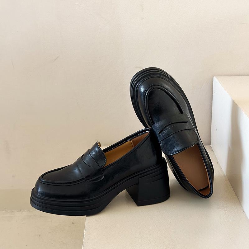 Retro thick heel small leather shoes women's spring and autumn 2025 new shallow loafers platform-soled versatile single shoes