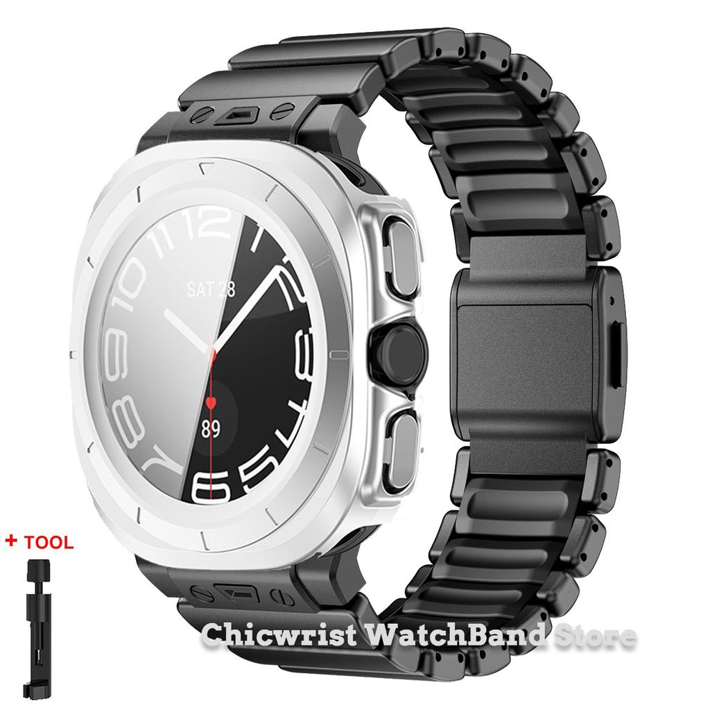 Armband+Hülle für Samsung Galaxy Watch Ultra 2025/7 ultra Edelstahl Gummiarmband Gehärtetes Glas Displayschutz Hülle aus Hart-PC