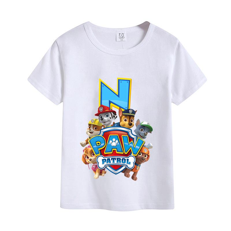 Paw Patrols Letter AZ TShirt White Cartoon Chase Skye Short Sleeve Tops Cute Rubble Zuma Summer Casual Clothes Birthday Gifts