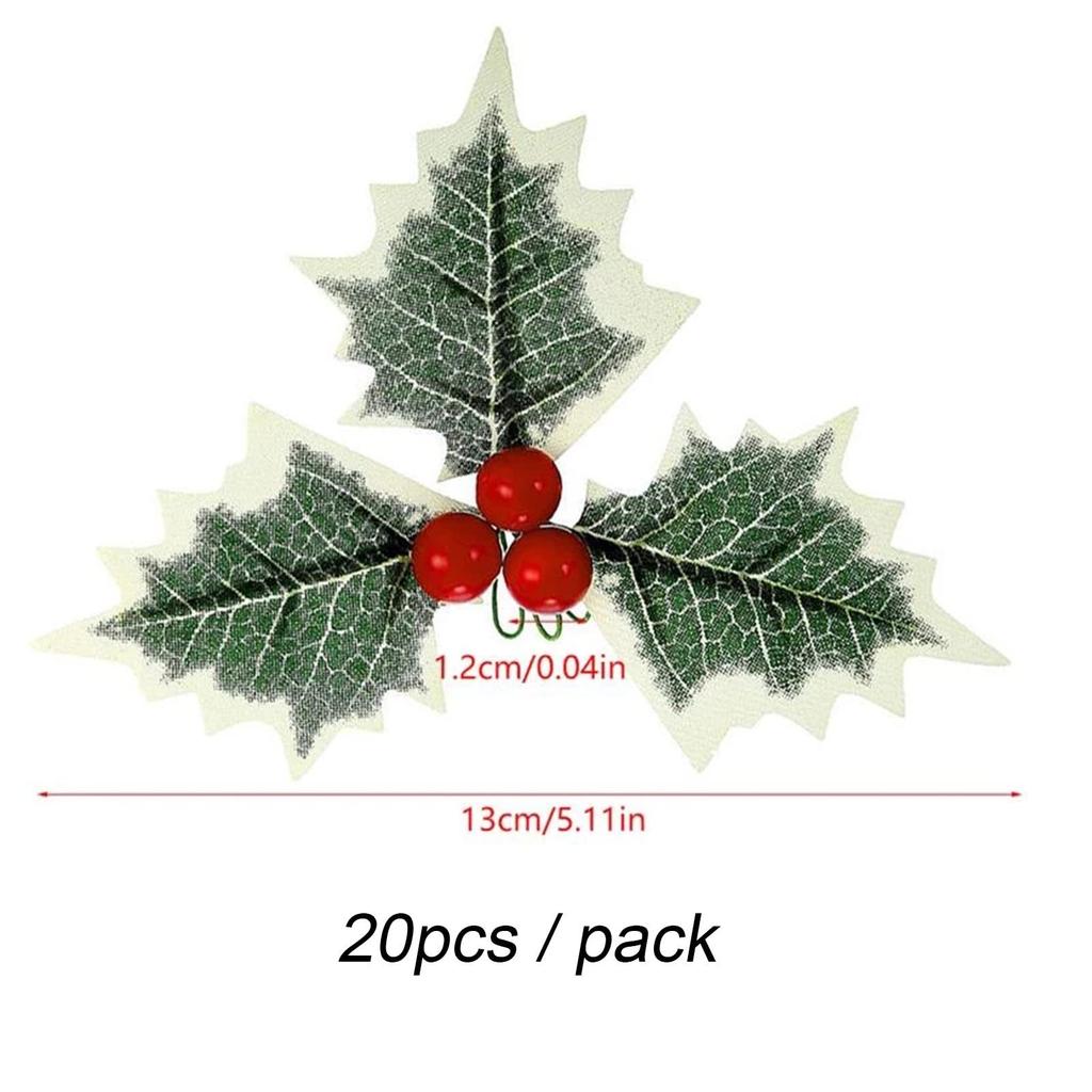 20 szt. Sztuczne jagody ostrokrzewu z zielonymi liśćmi DIY wieniec bożonarodzeniowy kwiaty ślubne prezenty dekoracje festiwalowe świąt Bożego Narodzenia i Nowego Roku