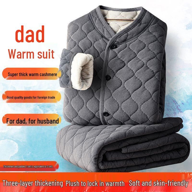 Men's Cozy Winter Underwear Set: Velvet-Lined Cardigan Jacket, Autumn Long Johns for Dad & Grandpa