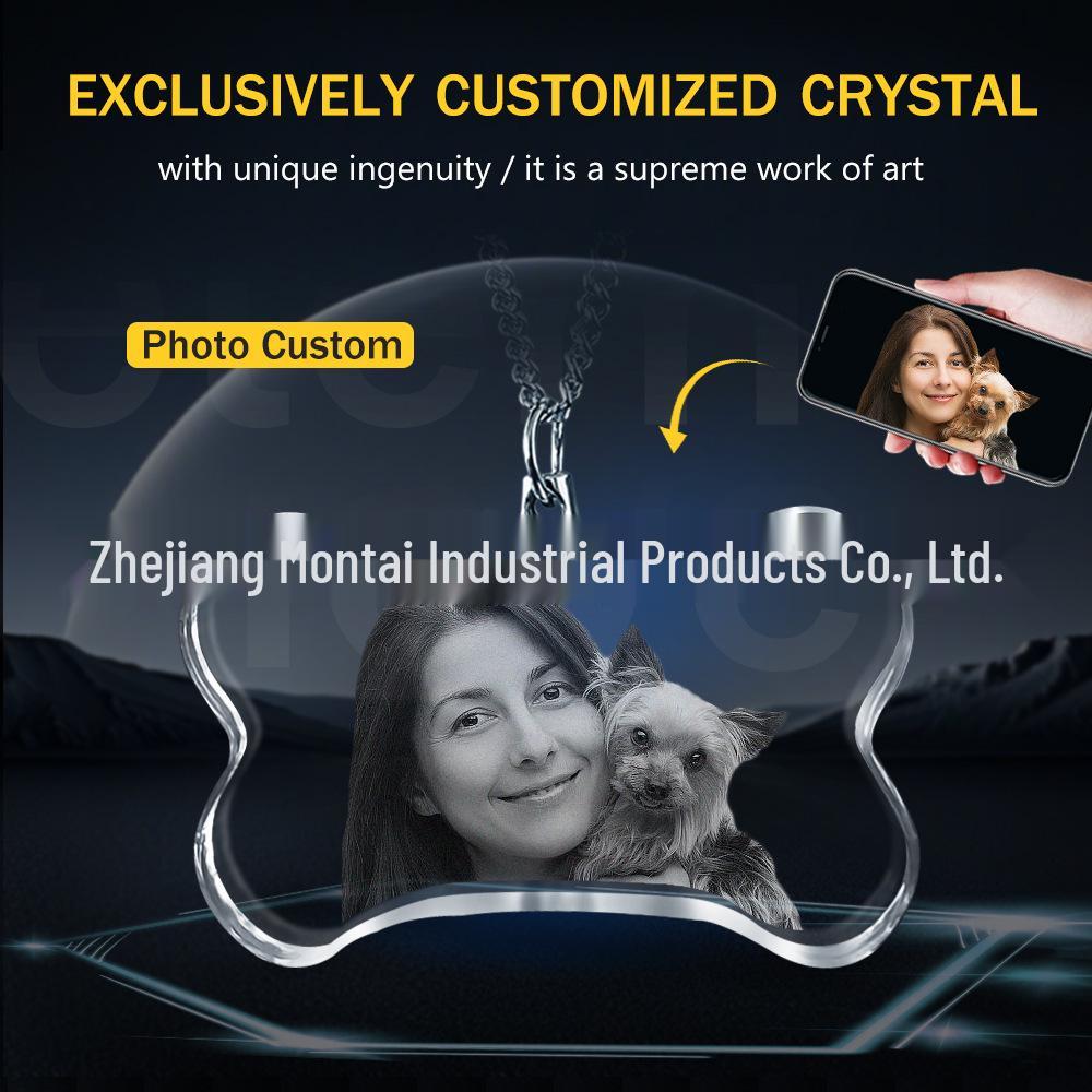3D Laser Engraved Pet Photo Crystal Pendant Necklace - Commemorative Gift