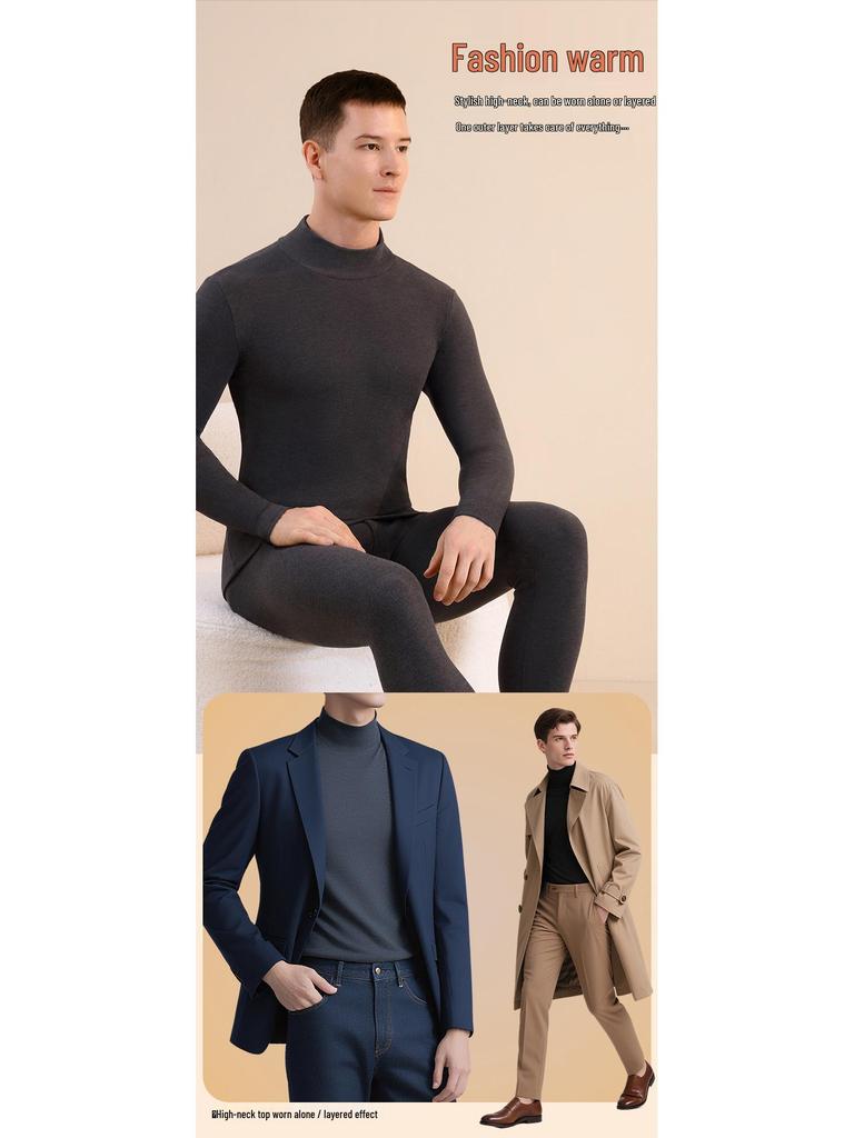 Men's Seamless Polyester Base Layer: No-Pill V-Neck, Round Neck, Mid-High Neck, Warm Autumn Top & Pants