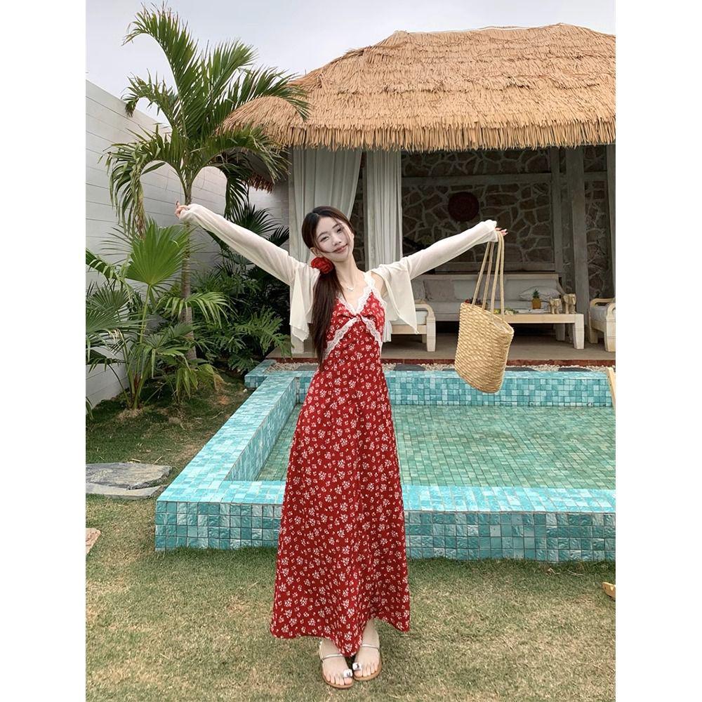 

Красное цветочное платье на тонких бретельках для миниатюрных - Женская летняя коллекция 2025 S