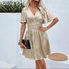 Fashion Summer Spring Solid Color Print Short Sleeve V-Neck Casual Dresses