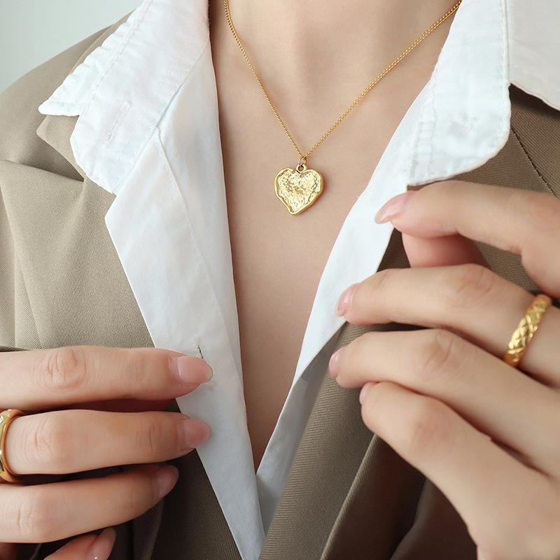 Gold-Plated Titanium Steel Heart Pendant Necklace with Embossed Design - European/American Style