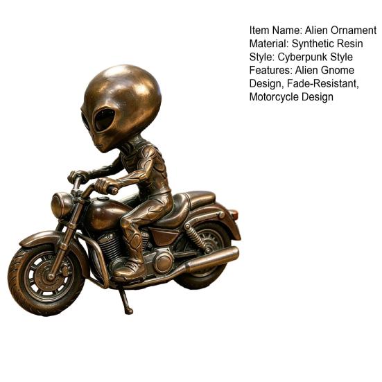 Alien Gnome Resin Statue, Sitting on Motorcycle Decorative Gnome Ornament, Waterproof Hand-Painted Garden Sculpture, for Indoor Outdoor Use