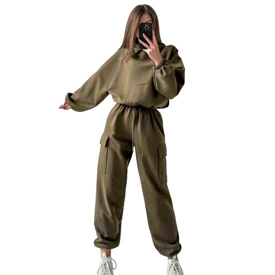 2 szt./zestaw damski zestaw spodni z kapturem, długi rękaw, elastyczny mankiet, ściągacz, rozciągliwy, wysoki stan, spodnie ze ściągaczem na kostce, sportowy dres fitness