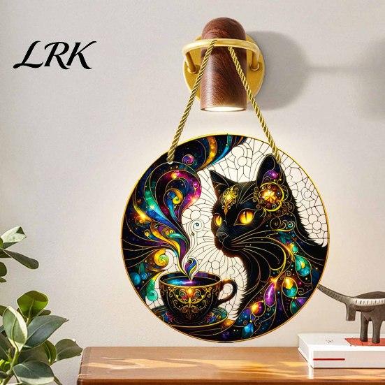 Decorative Craft Board Tag Moon Cat Halloween Window Hanging Decor, Mystical Black Round Sign Door Plaque for Indoor Outdoor Wall Art, Gothic
