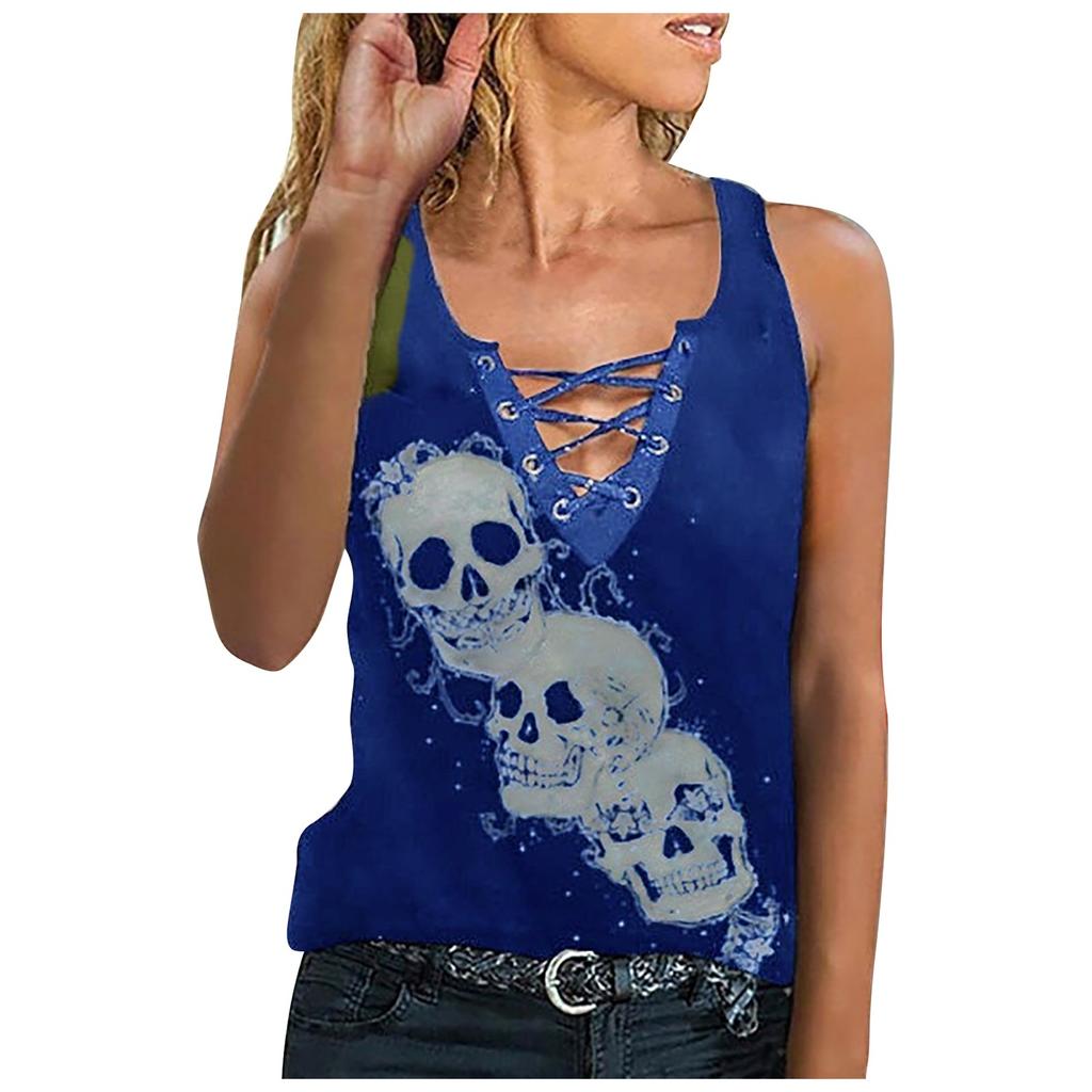 Women's Casual Fashion Sexy  Print Lace-up V-neck Sleeveless Tops