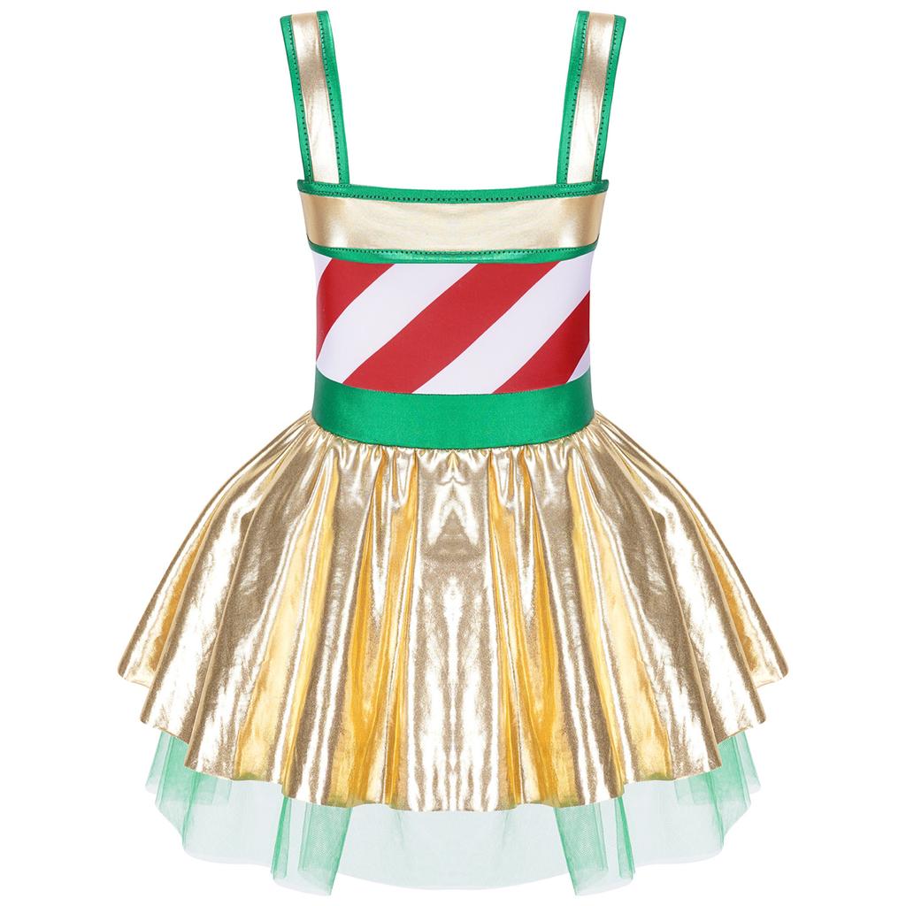 Girls Christmas Jumpsuit Striped Design Rhinestone Bow Adorned Ruffle Skirt Shorts Bodysuit Cosplay Costume