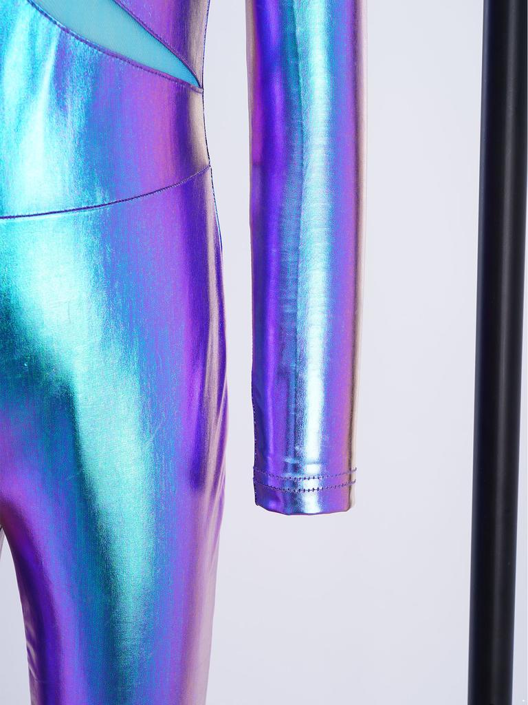 Girls Stage Performance Jumpsuit: Asymmetrical Metallic Mock Neck Mesh Patchwork Back Invisible Zipper Bodysuit Dancewear