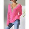 Women's V-Neck Lace Patchwork Hollow Out Knitted Sweater Color-Block Pullover Base Shirt