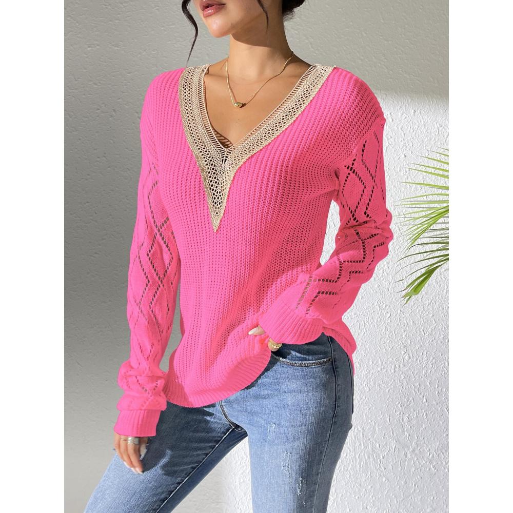 Women's V-Neck Lace Patchwork Hollow Out Knitted Sweater Color-Block Pullover Base Shirt