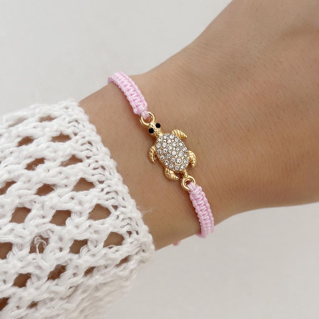 Handmade Rhinestone Inlay Braided Rope Bracelet for Women Boho Metal Turtle Charm Woven Chain Summer Party Jewelry Fashion Gift