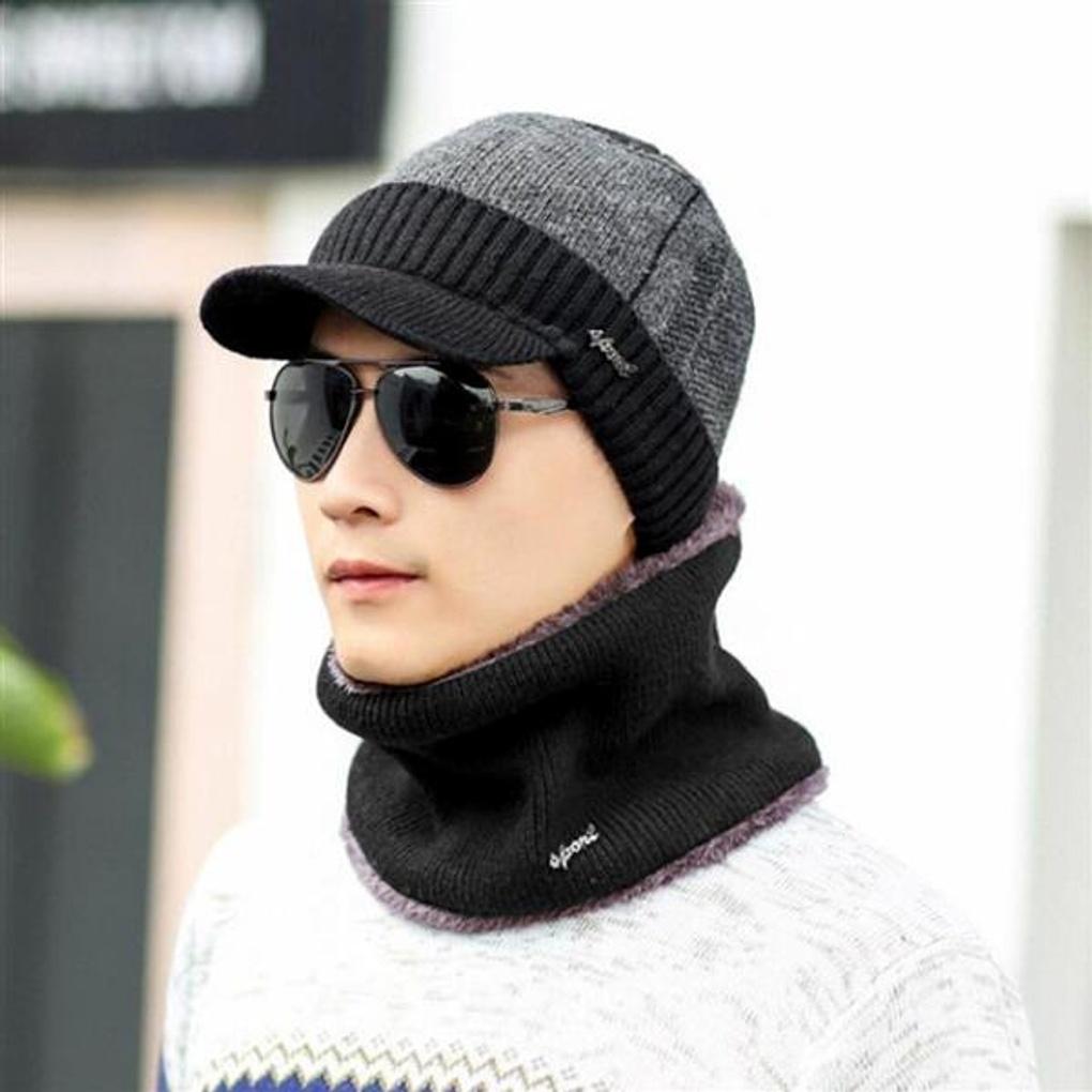 Neckwarmer Knit Brim Hat Set (Black)/Fur Hat Winter Hat