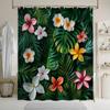 Plumeria Bath Curtain - Tropical Theme, Glossy Leaves, Blooming Flowers,12 Hooks, Machine Washable