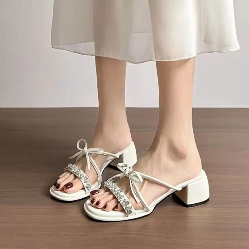 Shoes Slippers Women Summer Slides Heeled Mules Pantofle Jelly Flip Flops Fashion Square Heel High 2025 Glitter Luxury Block Cry