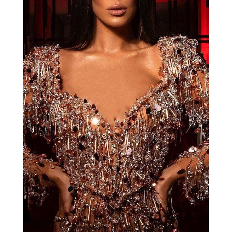 Women Sexy Party Evening Dress Women's Sexy Sequin Long Sleeves Banquet Dress Large Swing Dress