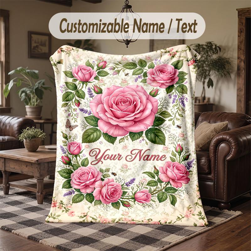 Roses Shadows Theme Throw Blanket Custom Name Text Personalized Blanket Soft Cozy Blanket for Home Sofa Bed