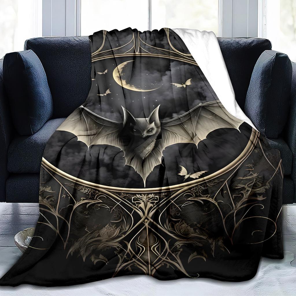 Bat and Moon Print Blanket, Gothic Fantasy Flannel Throw, Soft All Season Companion, Mysterious Night Theme Home Accent