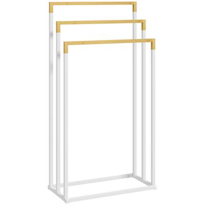 Towel Rack Towel Rack Set 3 Towel Bars, Industrial Design, Bamboo, 45 X 22.5 X 86 Cm, White + Natural