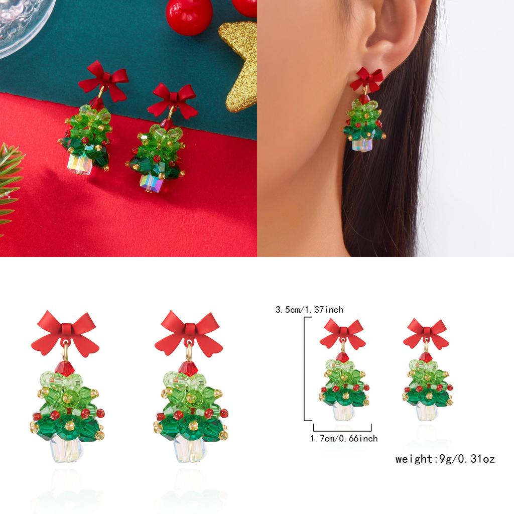 Christmas Tree Earrings Girls Alloy Red Bow Sparkling Jewelry With Holiday Style For Women