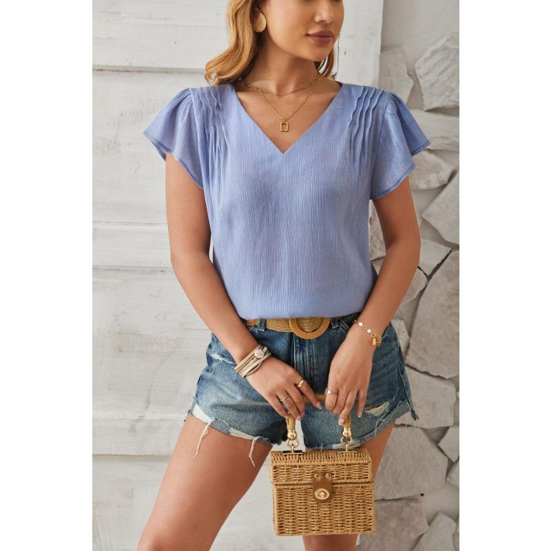 Summer New V-neck Fashion Short Sleeve Casual Women Blouse Elegant Loose Pleated Office Tops Solid Color Simple Loose Slim Women Vlothing