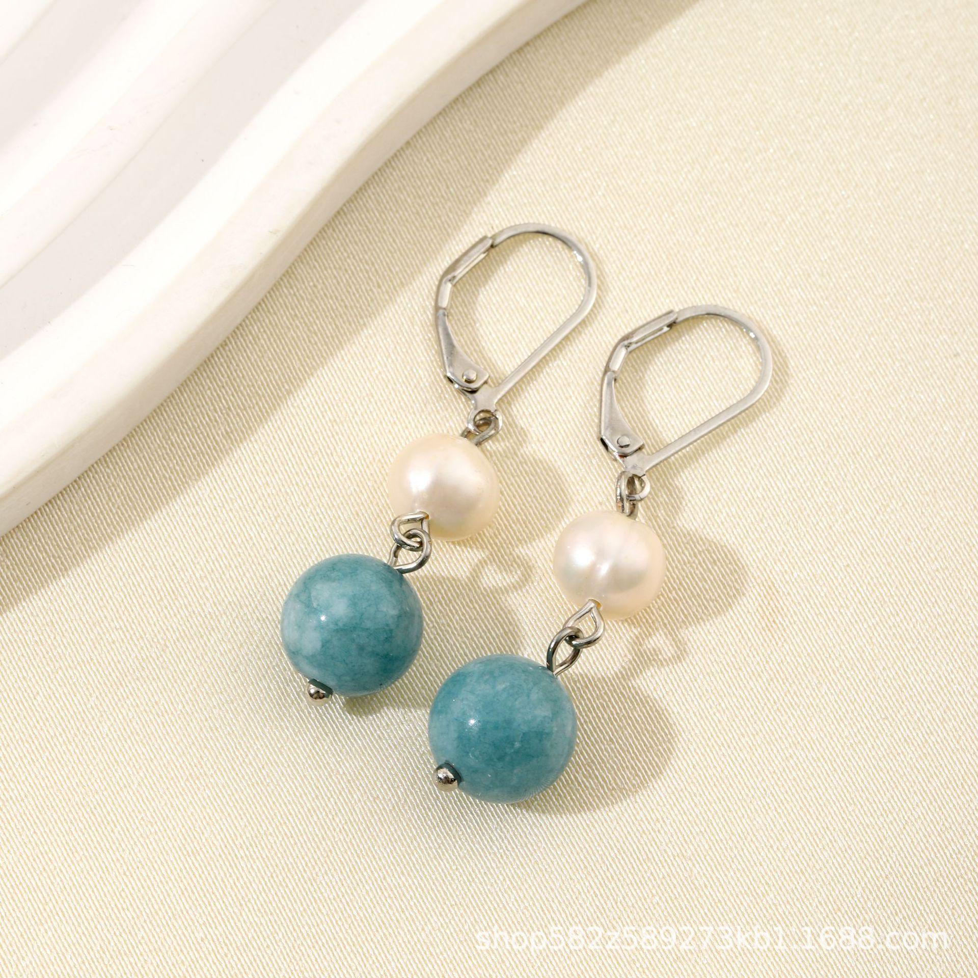 

European & American Minimalist Pearl Earrings with Natural Stone Dangles