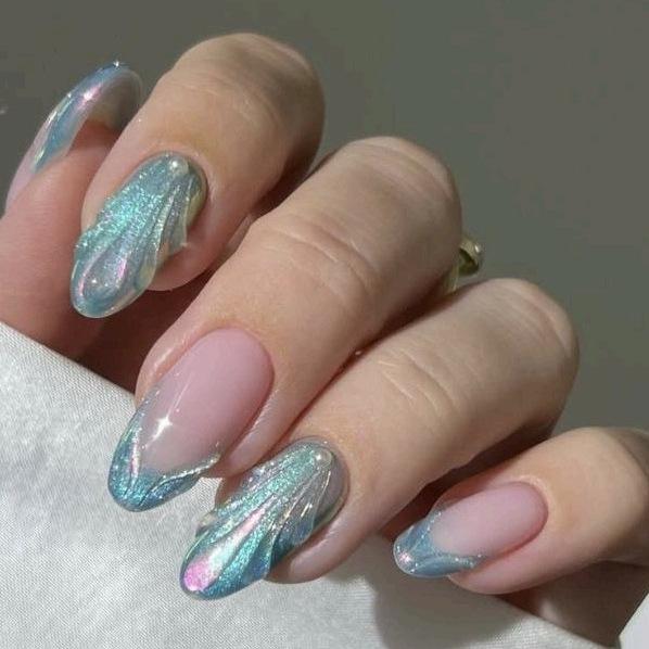 3D Pearl French Cat Eye Almond Aurora Nail Art Tips - 30 Wearable False Nails