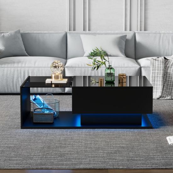 Hochglanz Schwarzer Couchtisch 100x50x32cm, mit Glasplatte und Schubladen, Kratzfest, mit 1 Schublade, LED-Licht, Modern