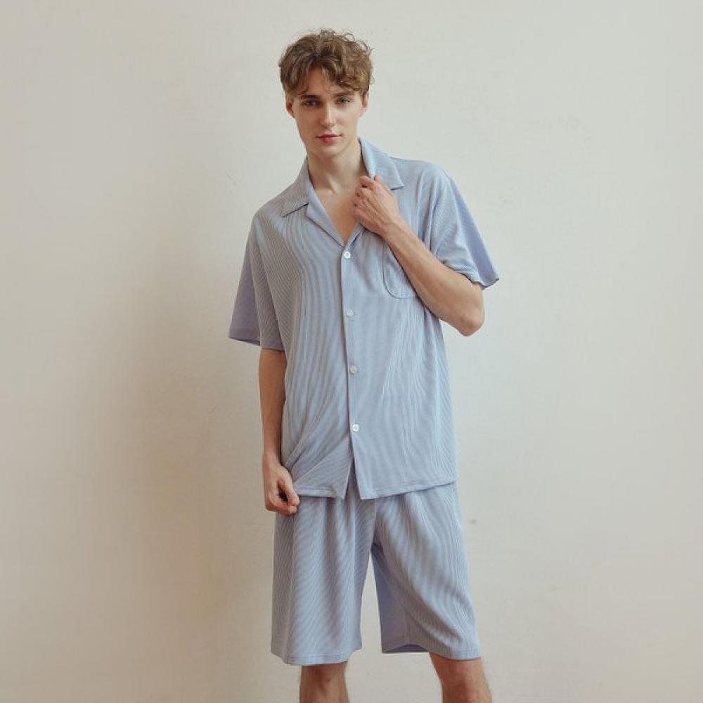 Lunaluz Men S Short Sleeve Anju Span Collar Two Piece Pajama Blue/free