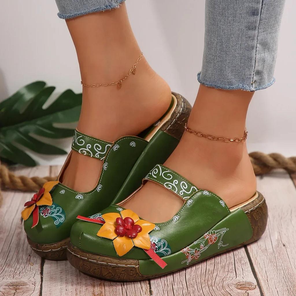 Women's Tribal Style Flower Platform Mules, Floral Print Wedge Heeled Clogs, Closed Toe Shoes