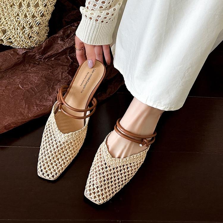 Vintage Woven Women's Lazy Closed-Toe Mules - French Fairy Style Block Heel Vacation Shoes