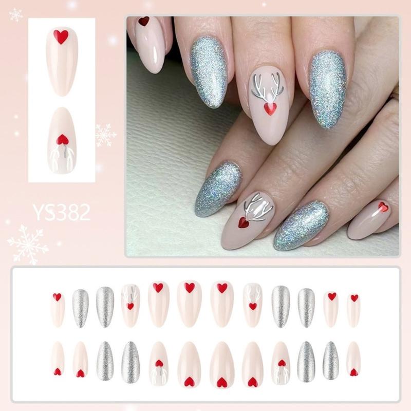 24 Pcs Elk Full Cover Stick On Nails Artificial Nails Medium Almond False Nails Christmas Press On Nails for Woman Girls