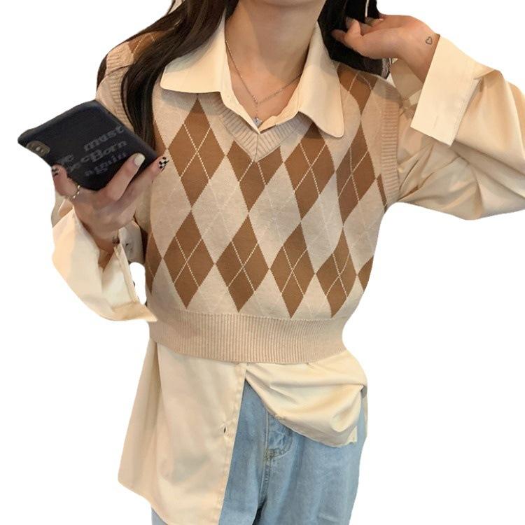 Womens Vintage Diamond Pattern V Neck Knit Vest Layering Sleeveless Top