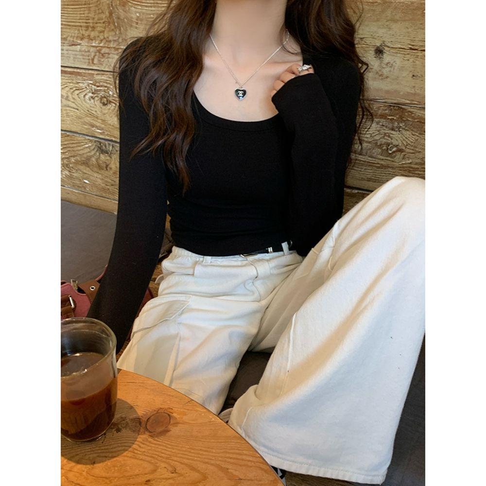 

Women s Sweet & Spicy Slim-fit Cropped U-neck Long-sleeve T-shirt for Spring & Autumn S чёрный
