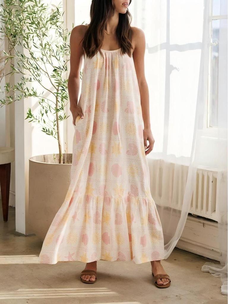 Spring/Summer Elegant Casual Women's Spaghetti Strap Pocket Print Dress