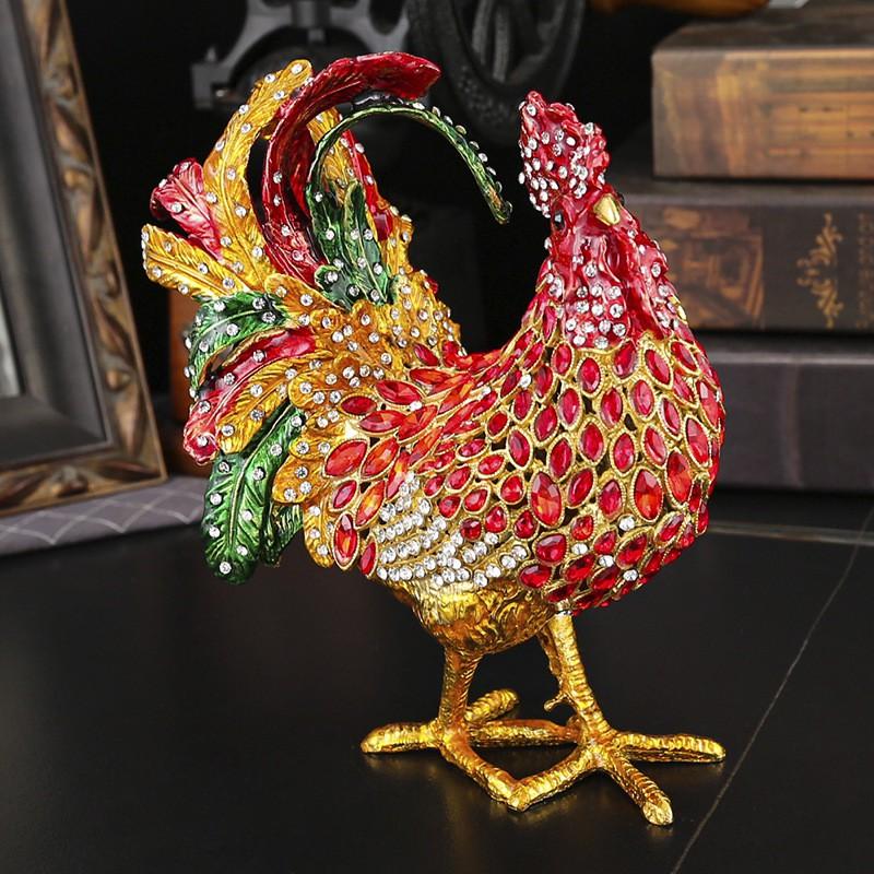 Hand-Painted Aluminum Rooster Jewelry Box With Rhinestone Decor Red Collectible Ornament Home Office Gift