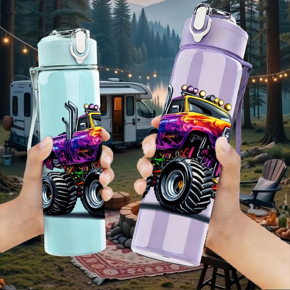 1PC Purple Fire Monster Truck Print 750ml Color Plastic Sports Water Bottle Leakproof Flip Straw Lid Suitable for Sports Office Home Use